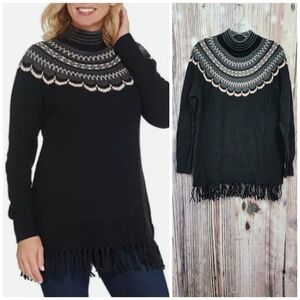 Isaac Mizrahi Mock Neck Fair Isle Fringe Sweater